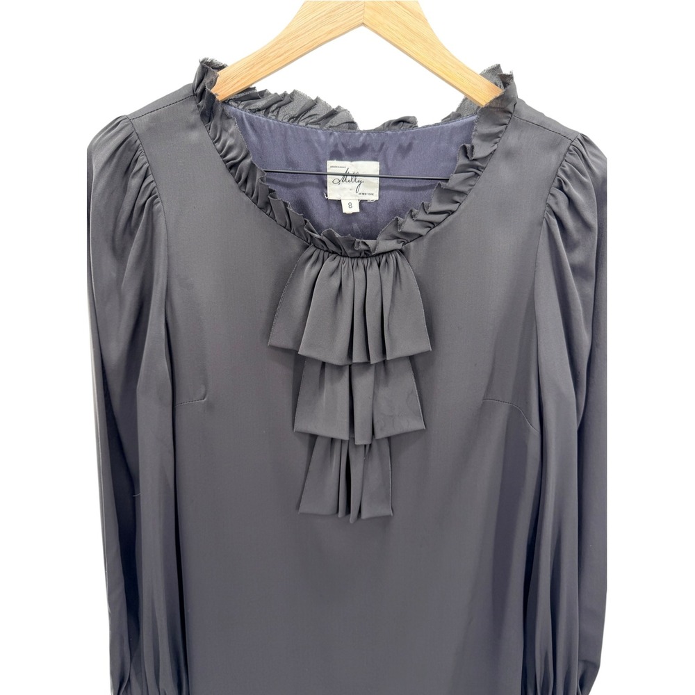Milly of New York Black Silk Ruffle Dress 8 Gold Rose Button Side Slit Vintage - Picture 2 of 6